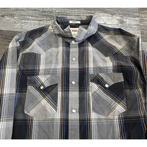 Levis Gray Mens L Tartan Plaid Standard‎ Fit Pearl Snap Flannel Button Up Shirt